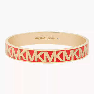 New $145 Original Michael Kors Signature MK Fashion Brass Bangle Bracelet Pink